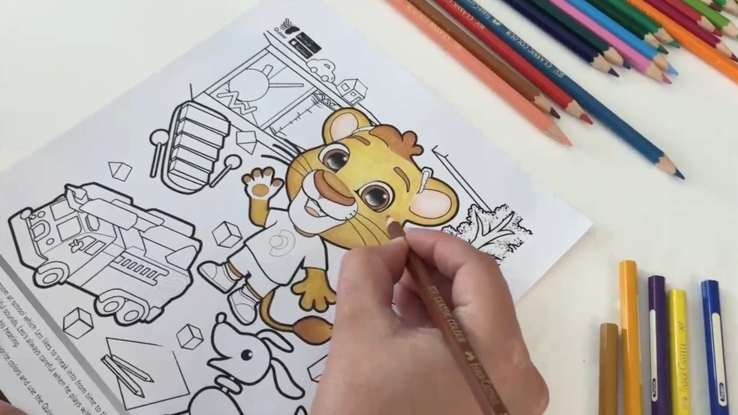 Child coloring while tablet shows 3D character coming to life